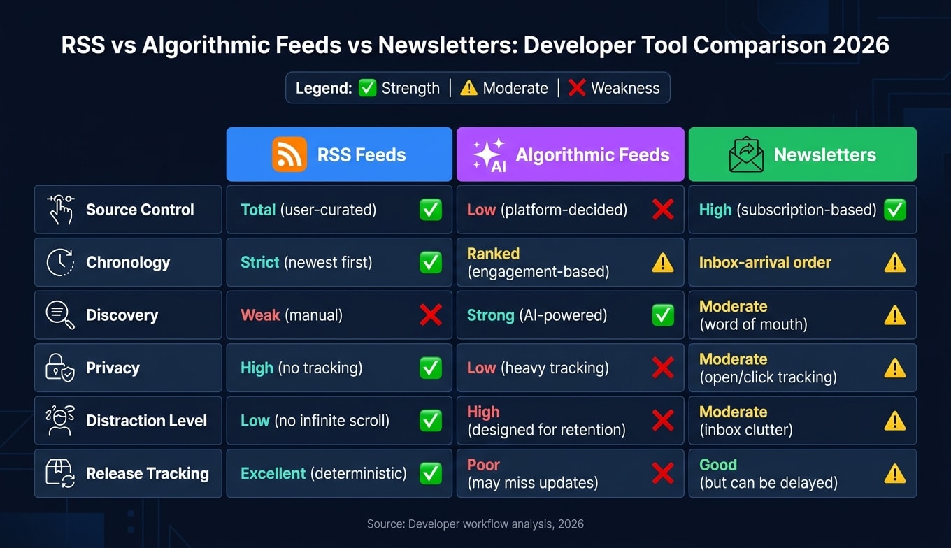 RSS vs Algorithmic Feeds vs Newsletters: Developer Tool Comparison 2026