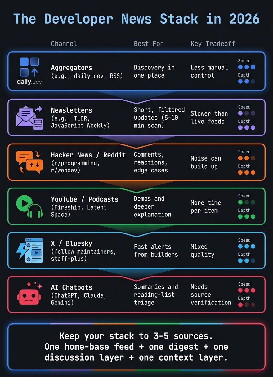 Developer News Stack 2026: 6 Channels Compared