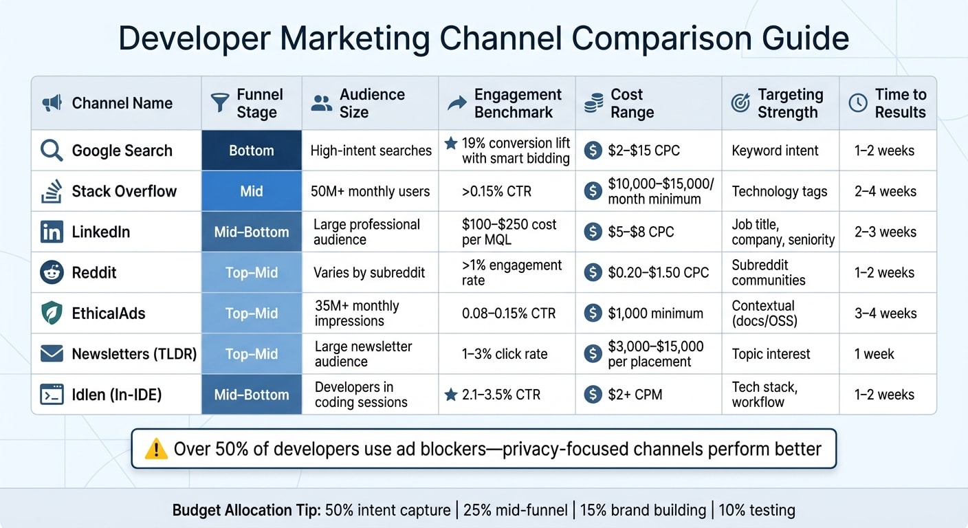 Developer Marketing Channels Comparison: Cost, Engagement & Performance Metrics