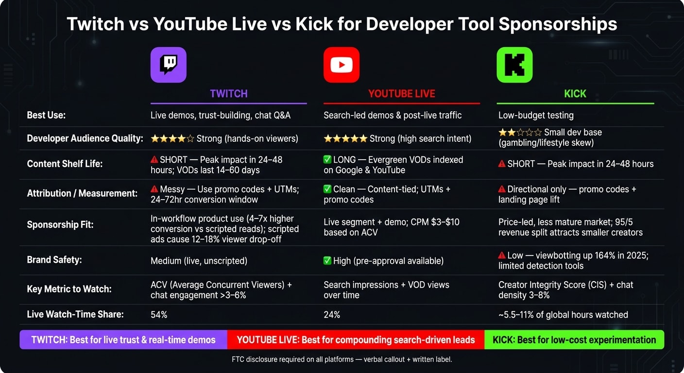 Twitch vs YouTube Live vs Kick for Developer Tool Sponsorships