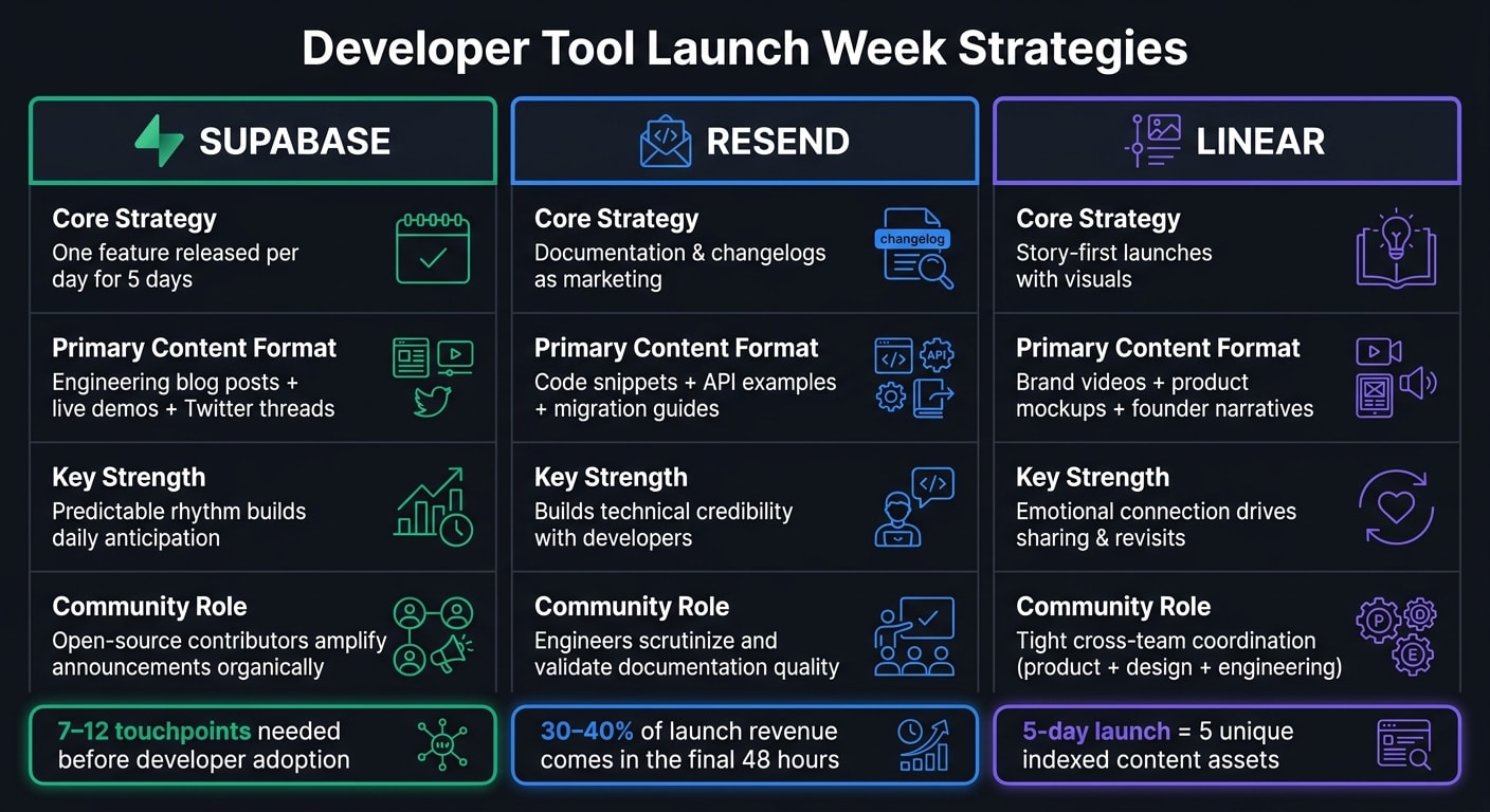 Developer Tool Launch Week: Supabase vs Resend vs Linear Strategies