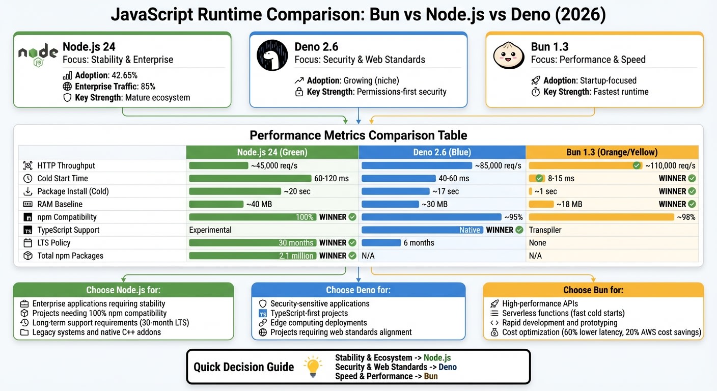 Bun vs Node.js vs Deno: JavaScript Runtime Comparison 2026
