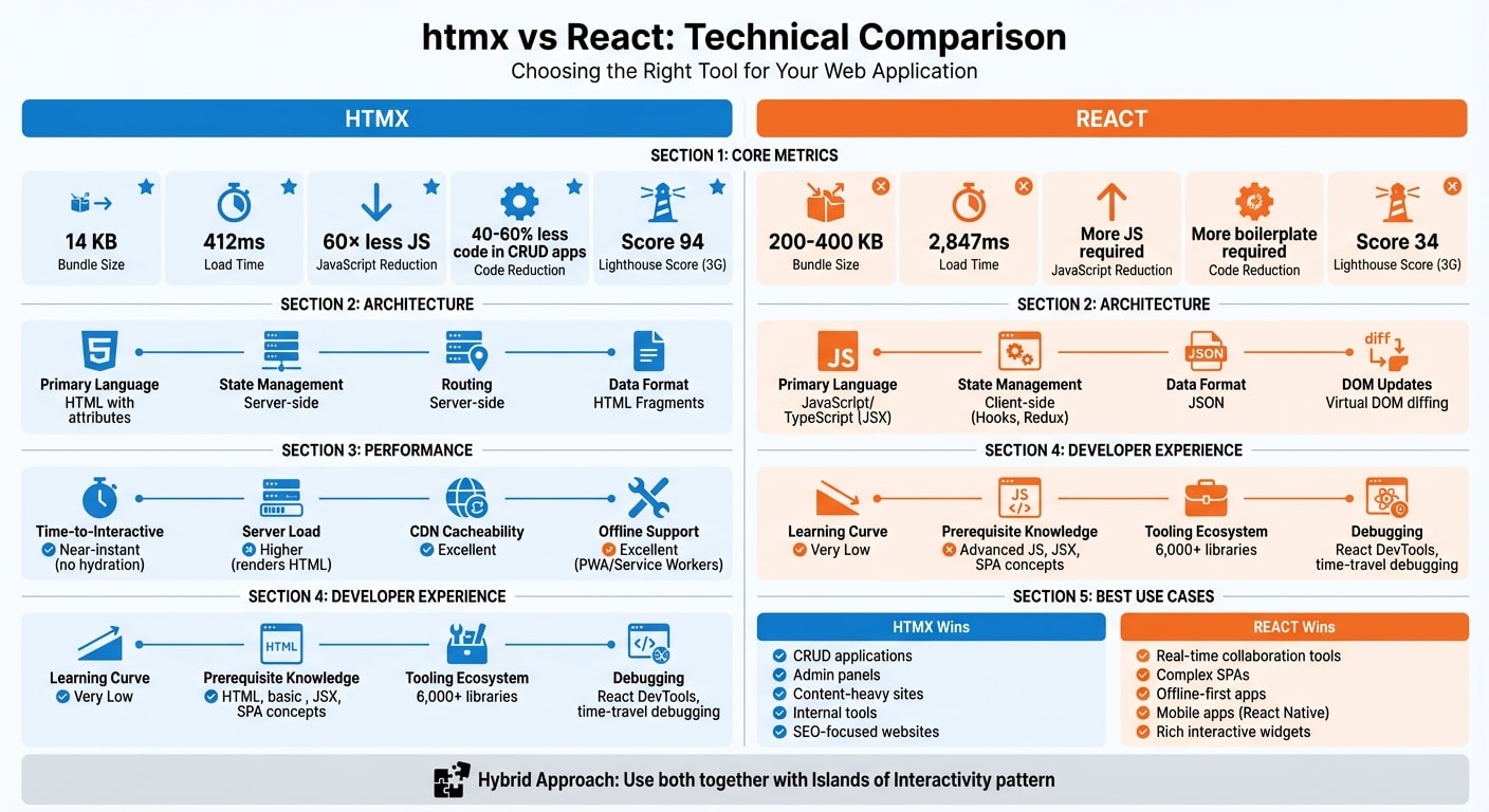 htmx vs React: Complete Technical Comparison Chart