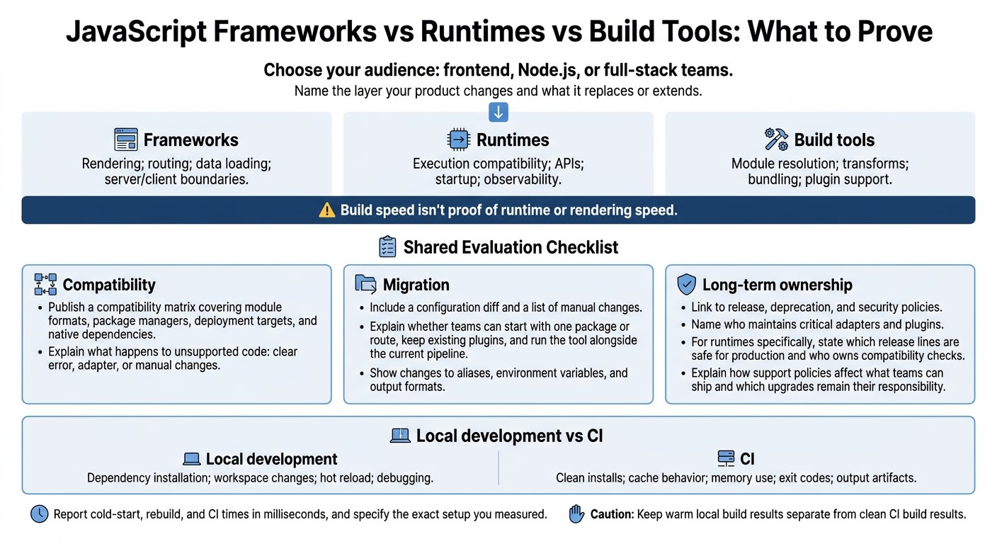 JavaScript Frameworks vs Runtimes vs Build Tools: What to Prove