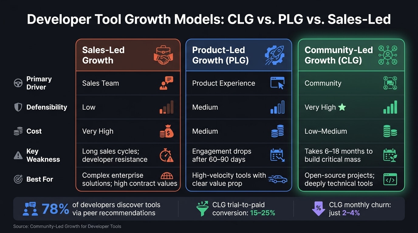 Community-Led Growth vs. PLG vs. Sales-Led: Developer Tool Growth Models Compared