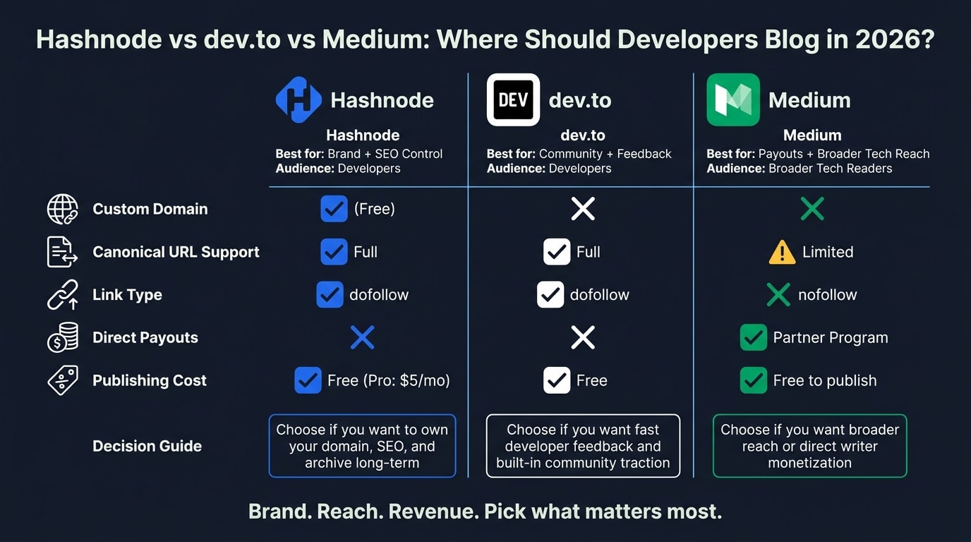 Hashnode vs dev.to vs Medium: Developer Blogging Platform Comparison 2026