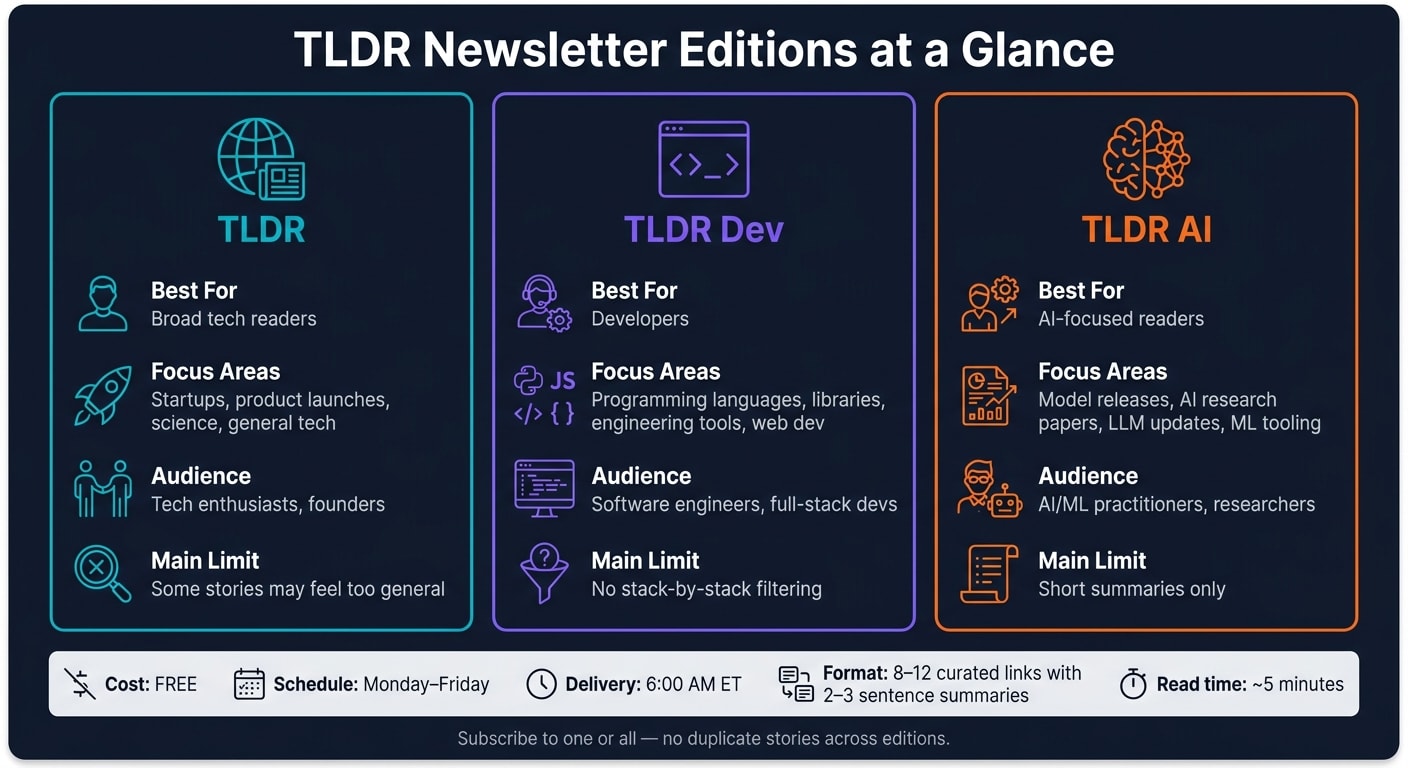 TLDR Newsletter Editions Compared: TLDR vs TLDR Dev vs TLDR AI