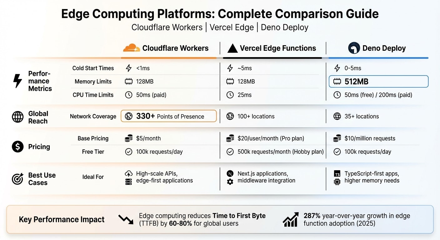 Edge Computing Platforms Comparison: Cloudflare Workers vs Vercel Edge vs Deno Deploy