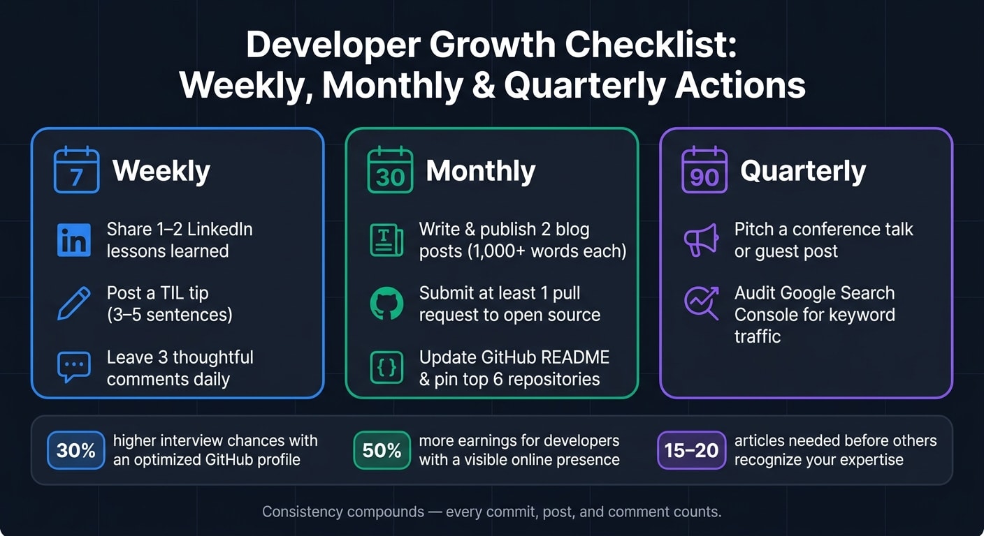 Developer Online Growth Roadmap: Weekly, Monthly & Quarterly Actions