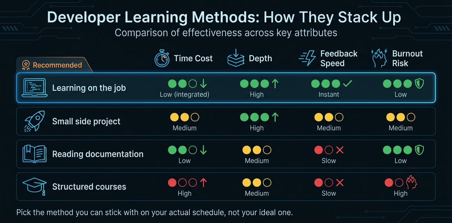 Learning Methods for Developers: Time, Depth & Burnout Risk Compared