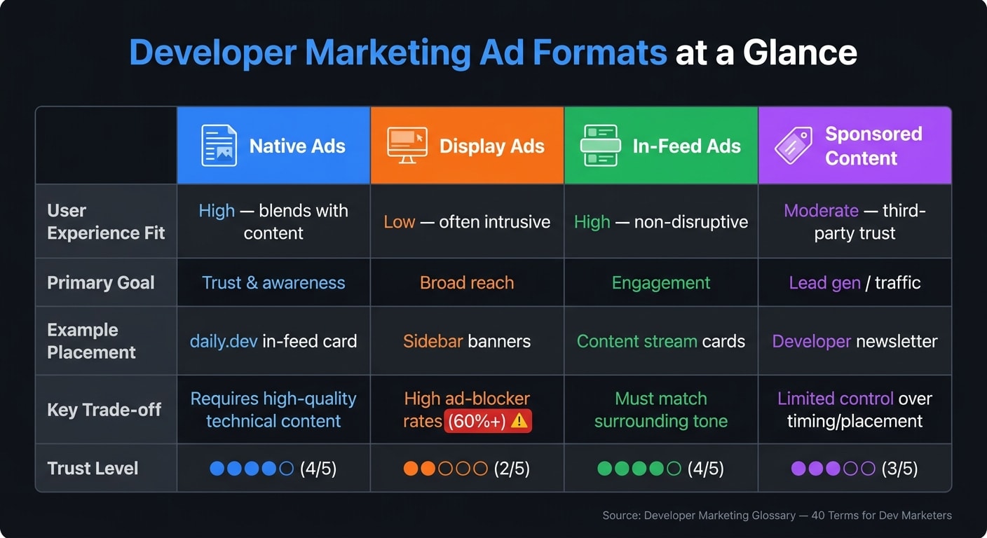 Developer Marketing Ad Formats Compared: Native vs. Display vs. In-Feed vs. Sponsored