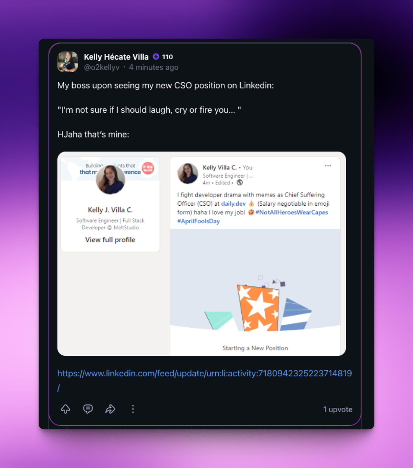 Kelly, a comunity member of daily.dev, writing a comment about her new title