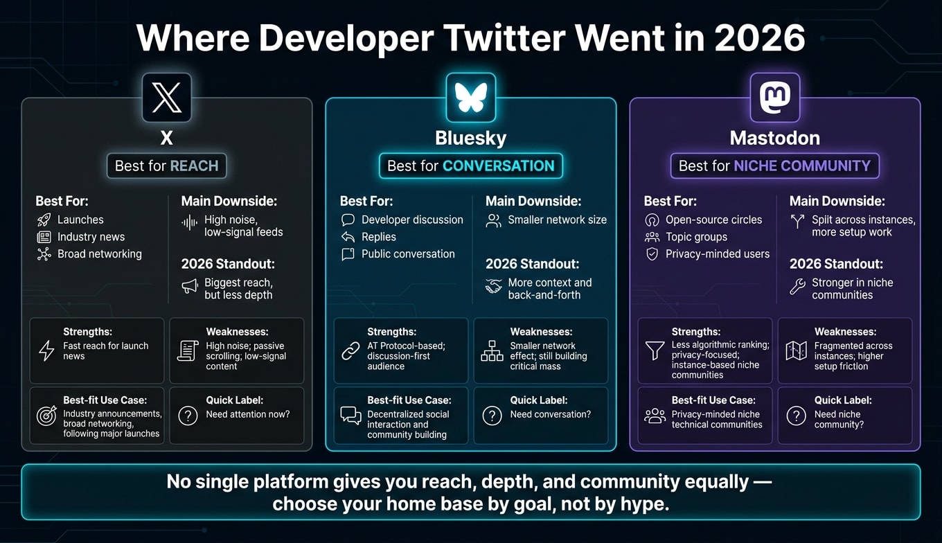 X vs Bluesky vs Mastodon: Developer Social Media Comparison 2026