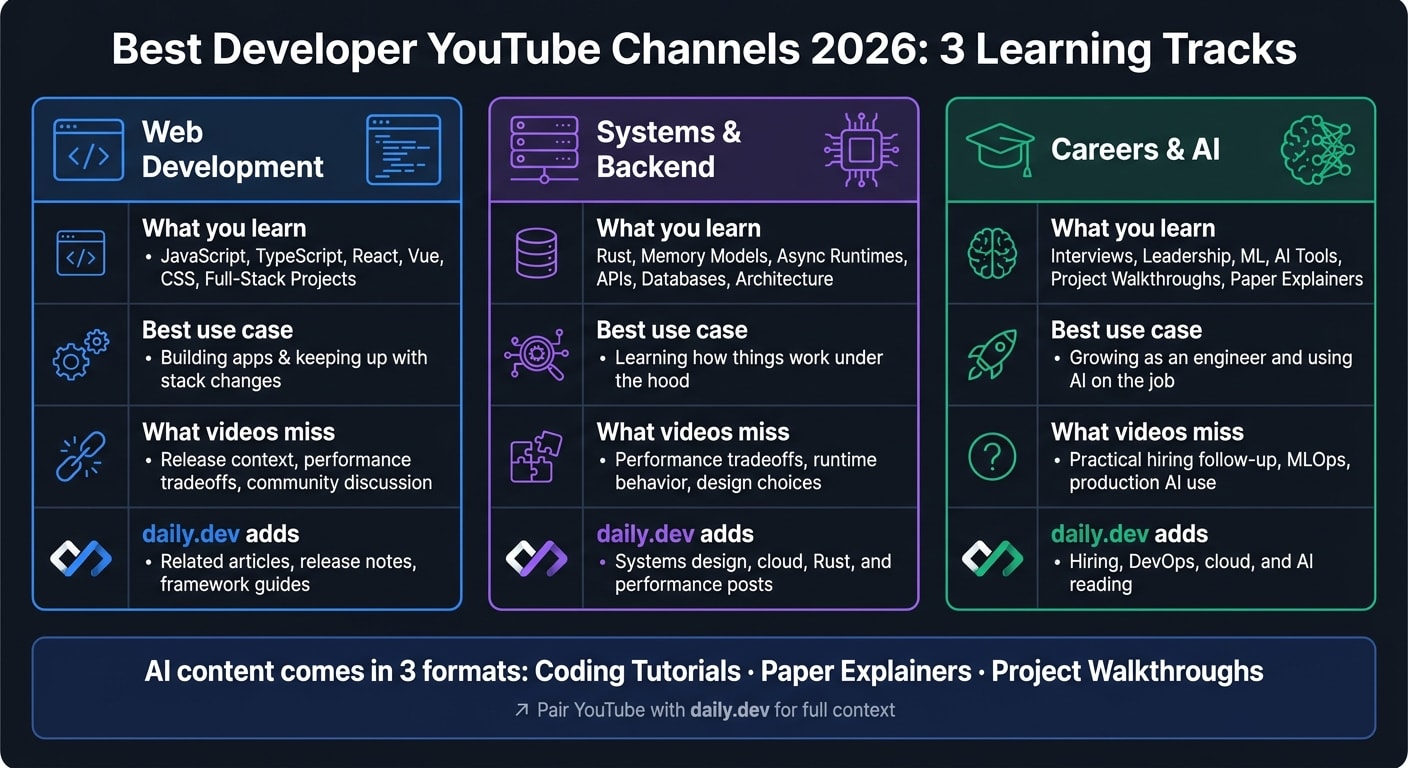 Best Developer YouTube Channels 2026: 3 Learning Tracks Compared
