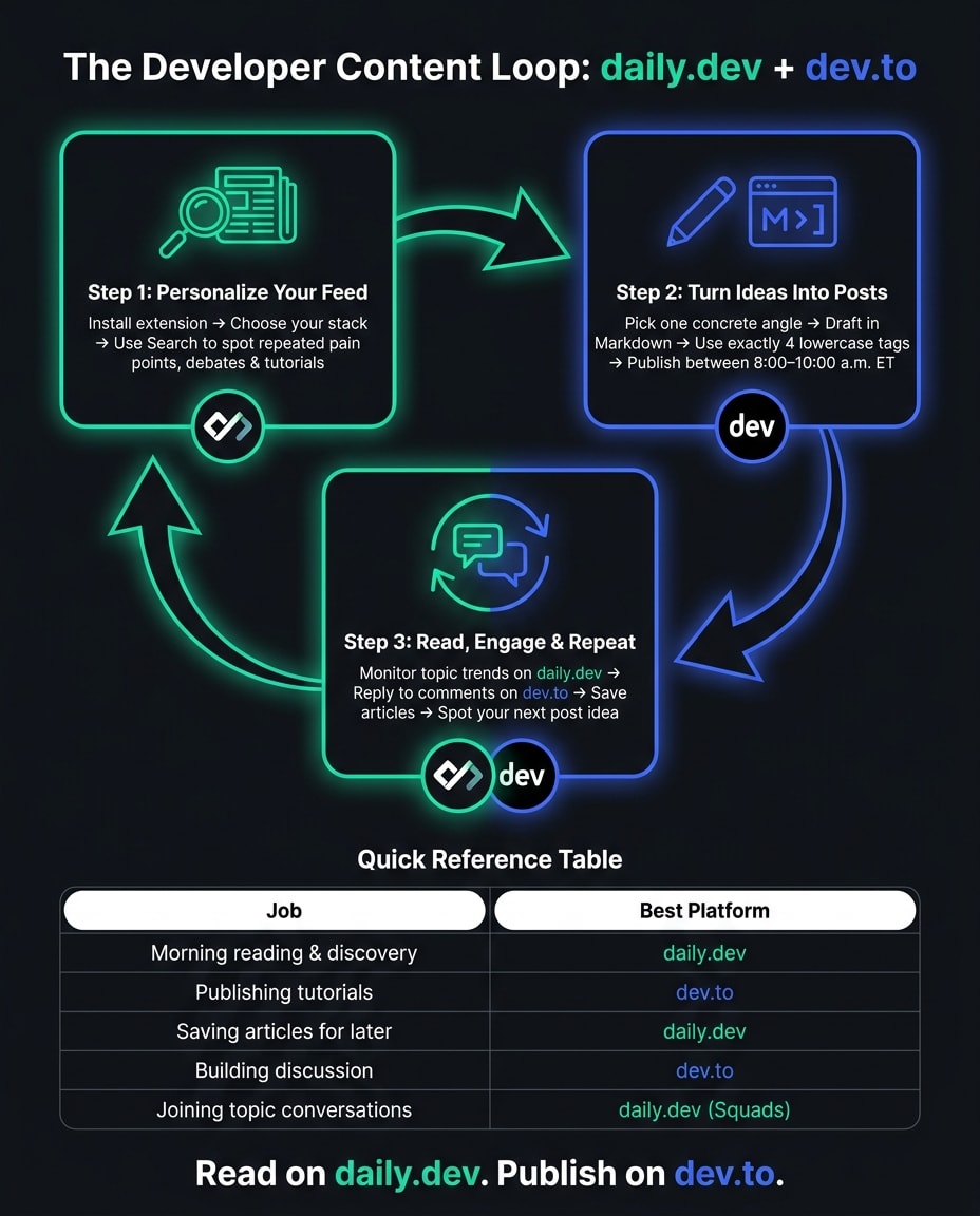 daily.dev + dev.to Workflow: Read, Discover, Publish, Repeat