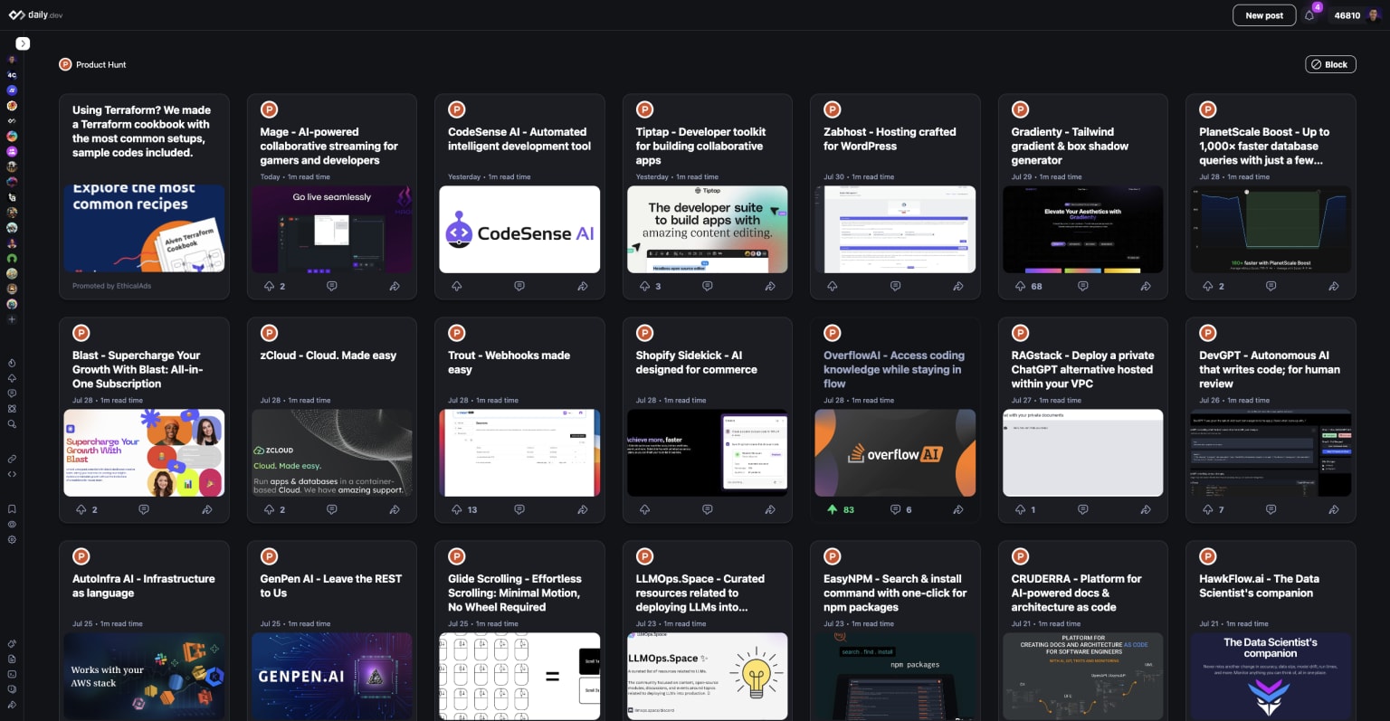 screenshot of product hunt posts on daily.dev
