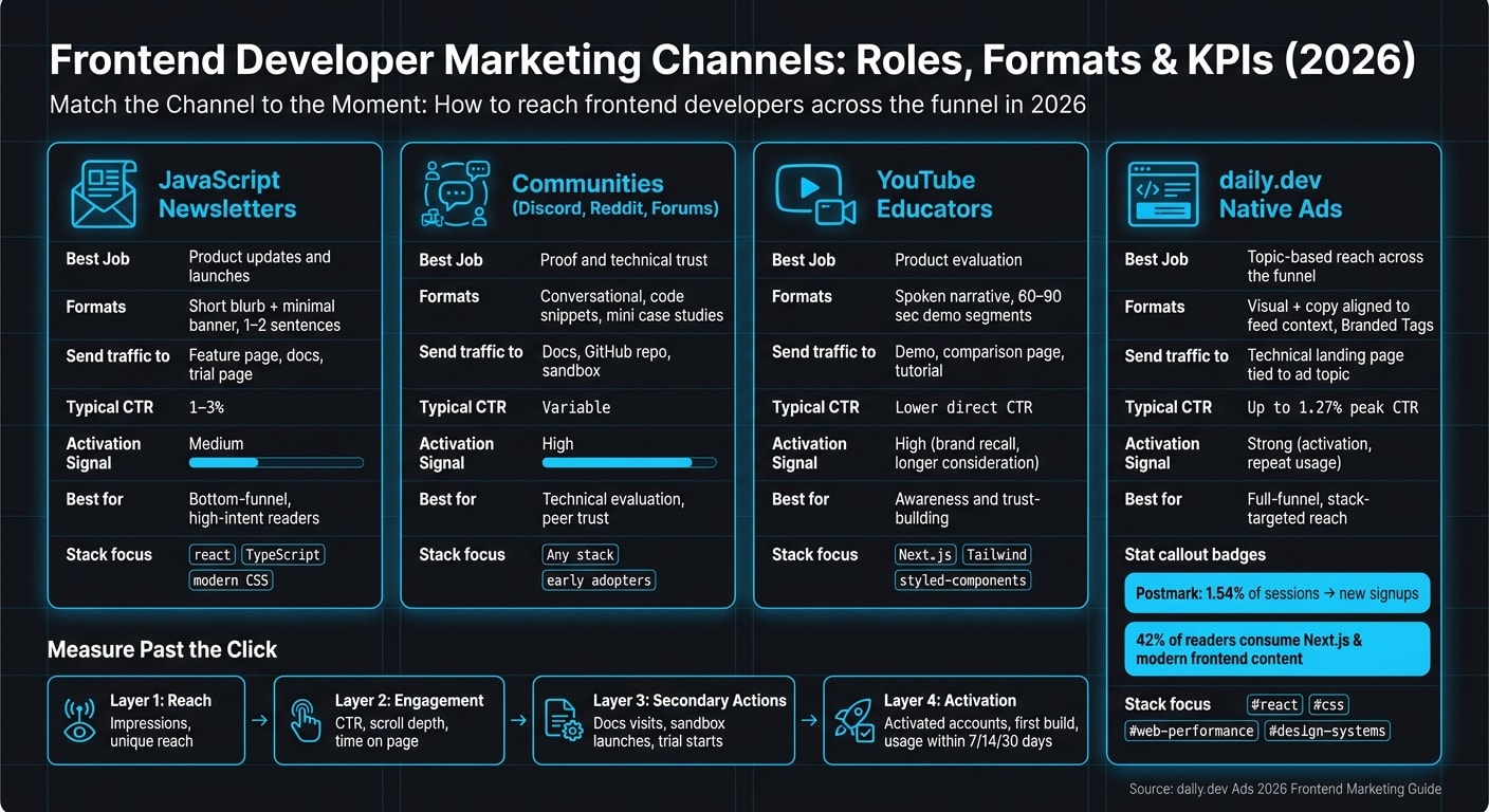 Frontend Developer Marketing Channels: Roles, Formats & KPIs (2026)