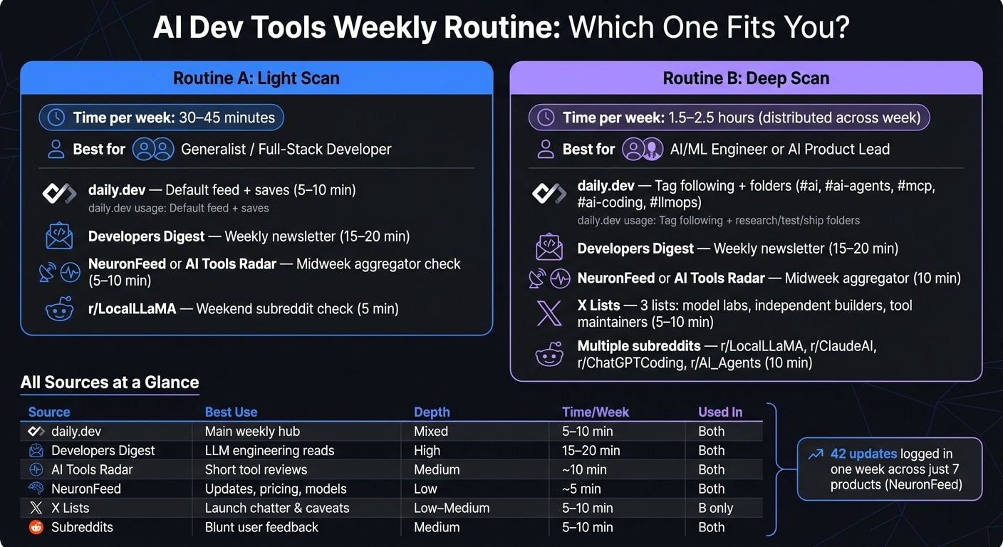 AI Dev Tools Weekly Routine: Sources, Depth & Time Compared