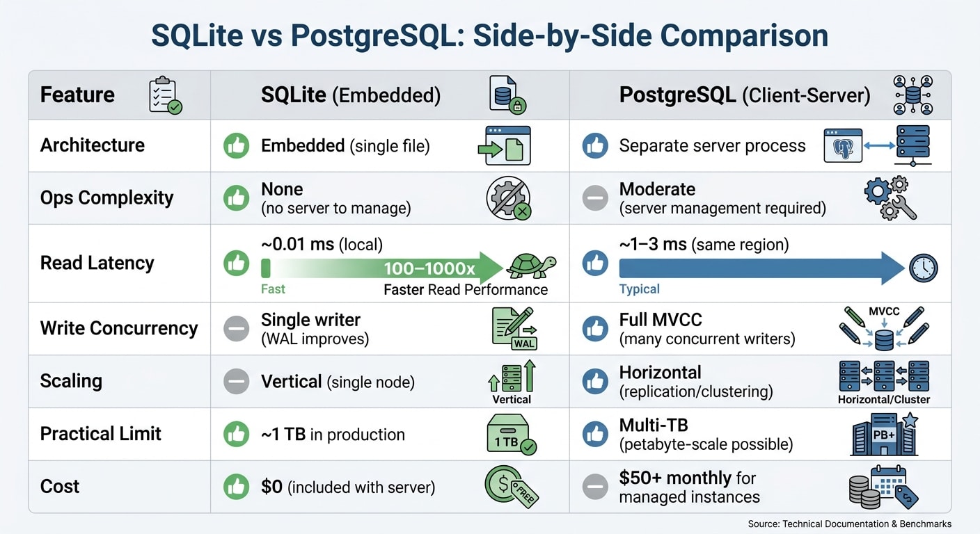 SQLite vs PostgreSQL: Performance, Architecture, and Cost Comparison