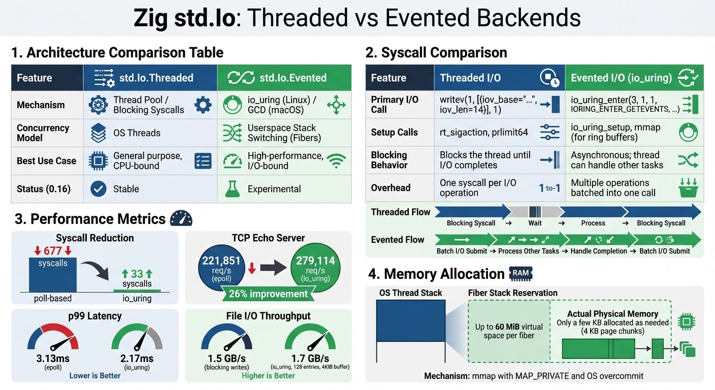 Zig std.Io Backend Comparison: Threaded vs Evented I/O Performance and Architecture