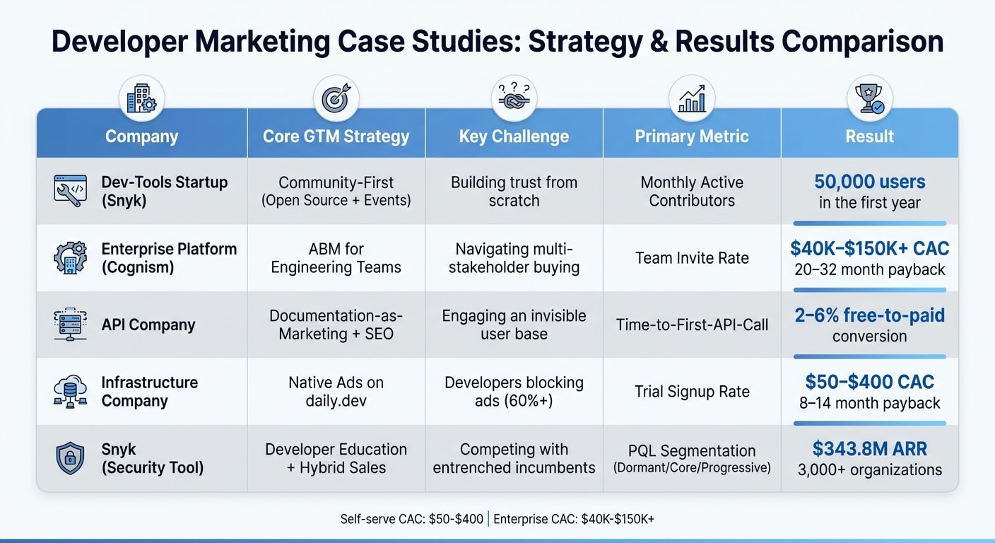 Developer Marketing GTM Strategies: 5 B2B Case Study Results Comparison