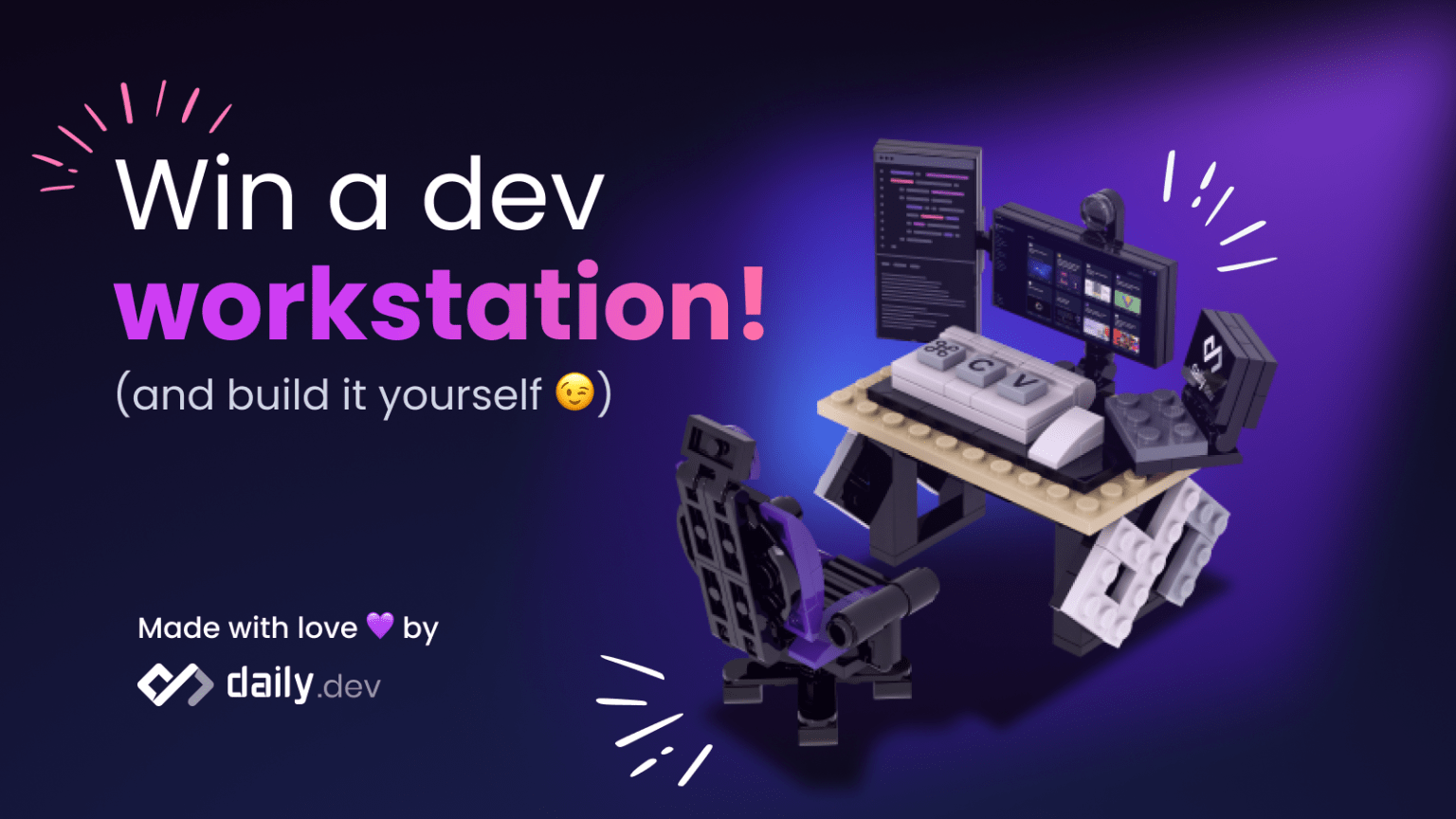 a cover image showing a lego set of a developer workstation made by daily.dev