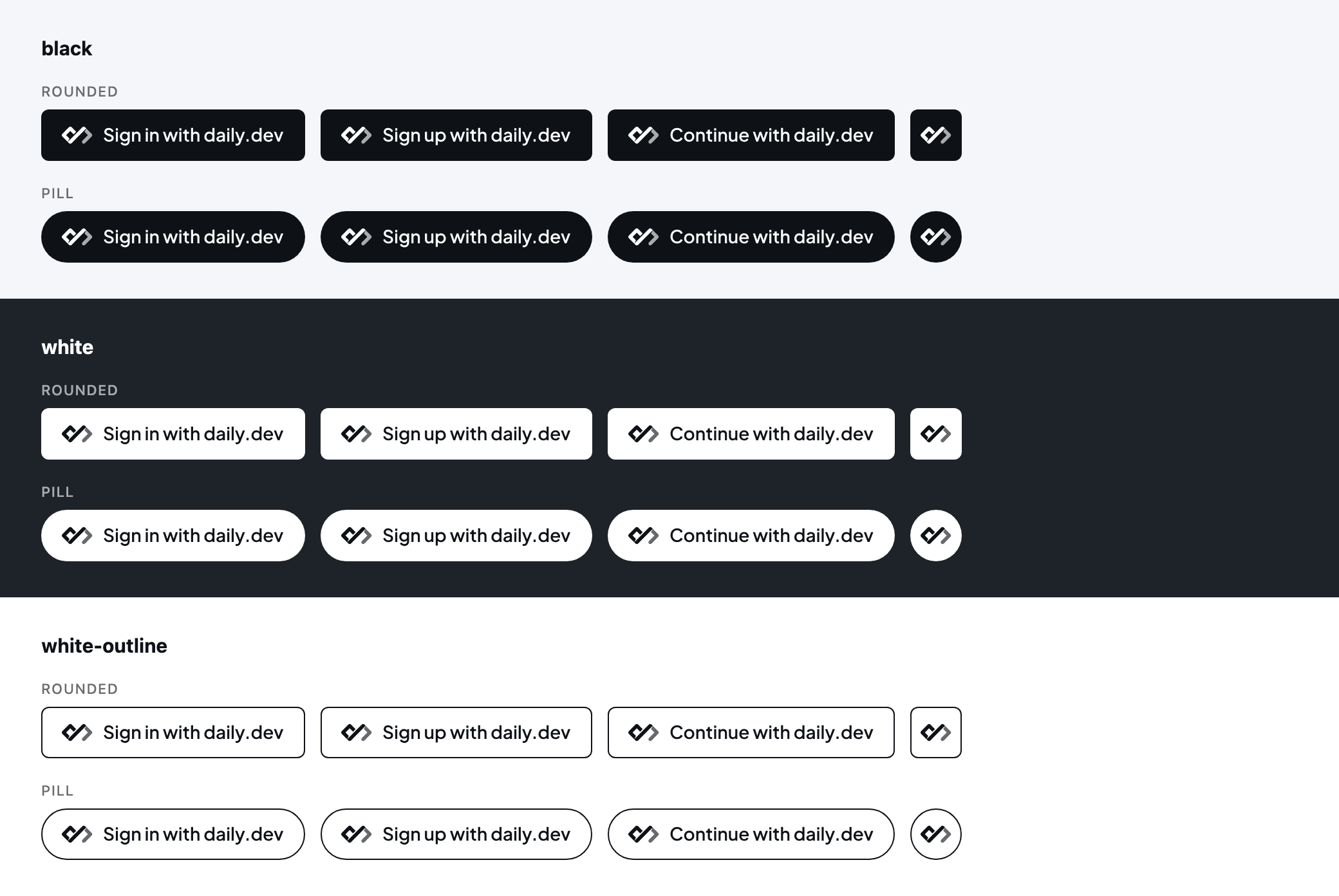 Sign in with daily.dev buttons in black, white and white-outline styles, with rounded and pill shapes