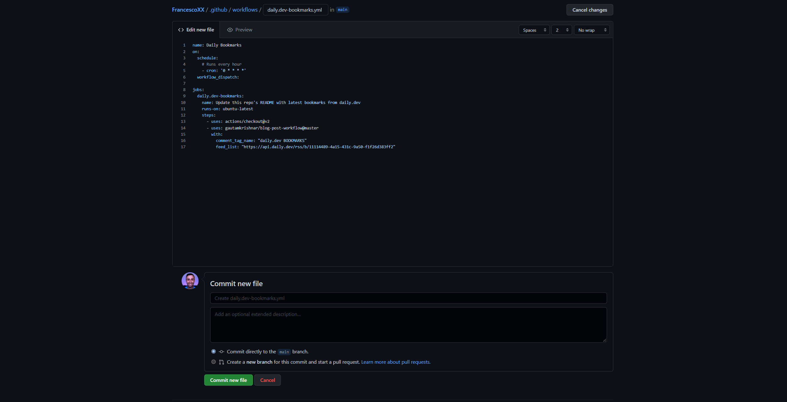 Example of daily.dev-bookmarks.yml file setup