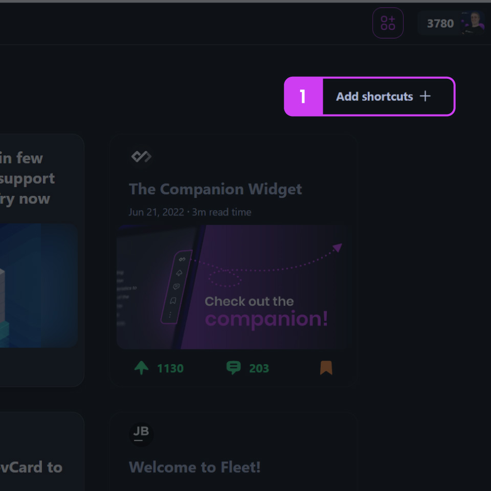 Add shortcuts button located towards the top right of your feed