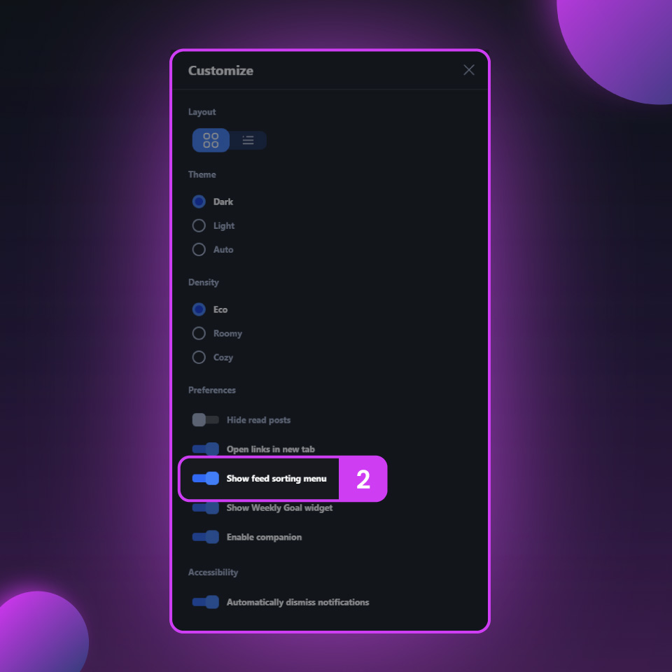 Customize modal with the "Show feed sorting menu" toggle highlighted (2)
