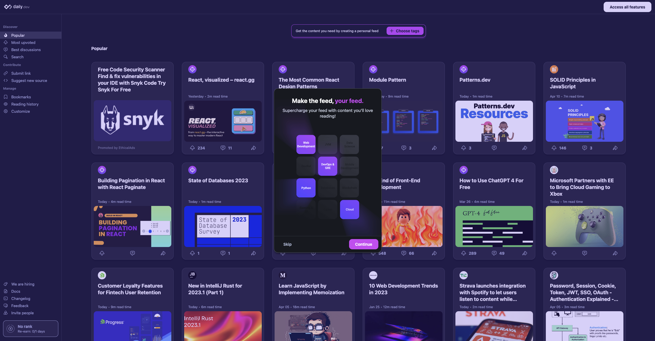 Tag selection interface during onboarding, highlighting options for content customization