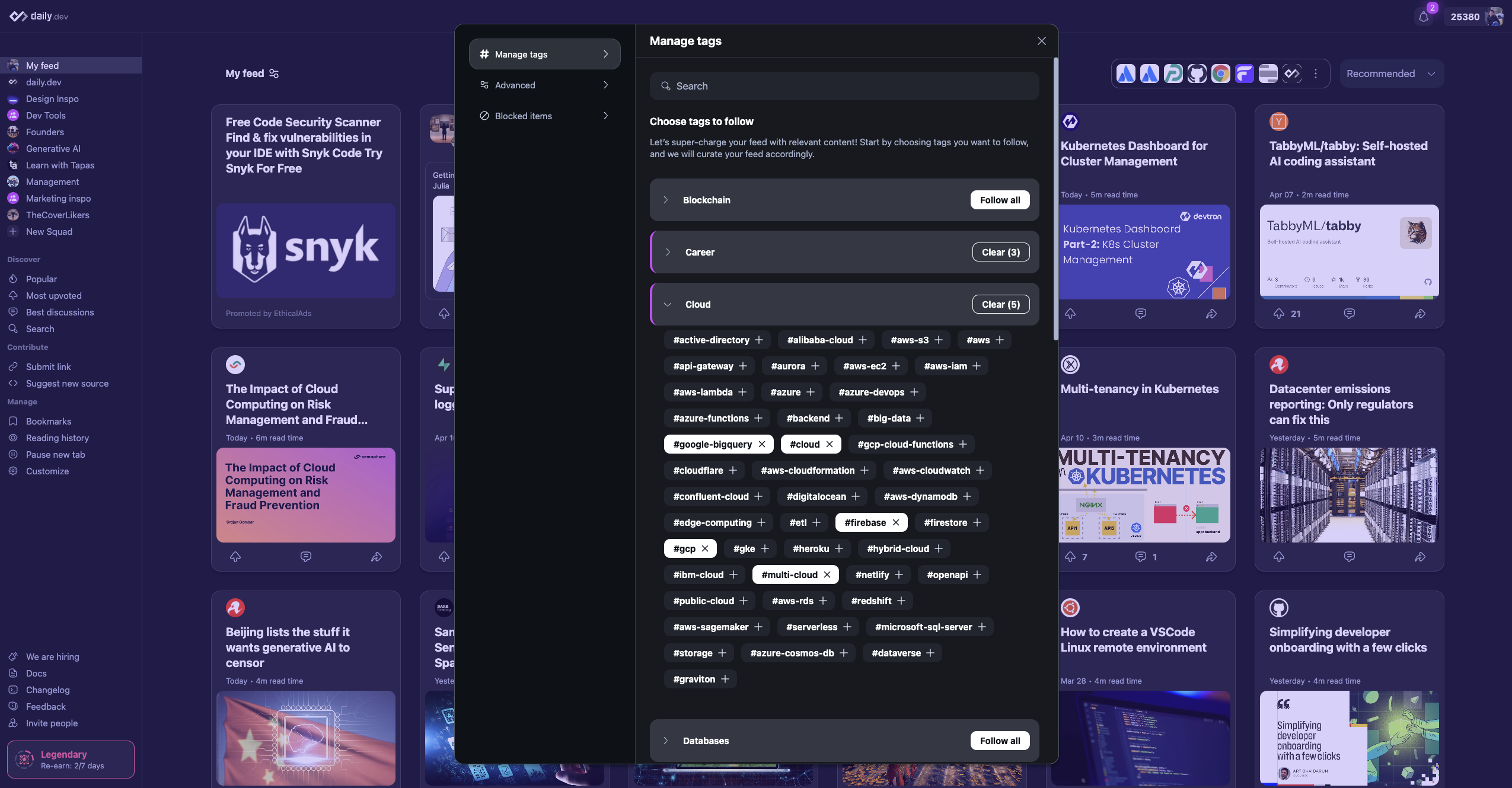 Tag selection menu for adjusting and refining tag categories
