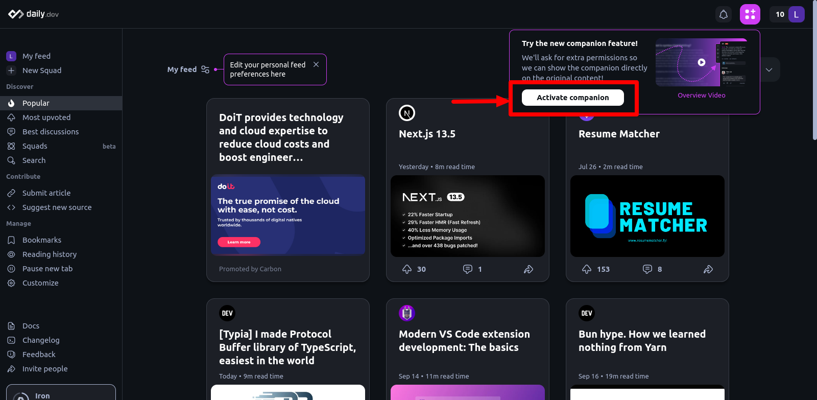 Activate companion widget on daily.dev