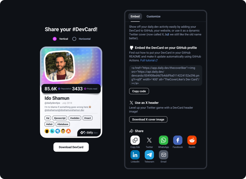 DevCard customization options including theme, layout, and background