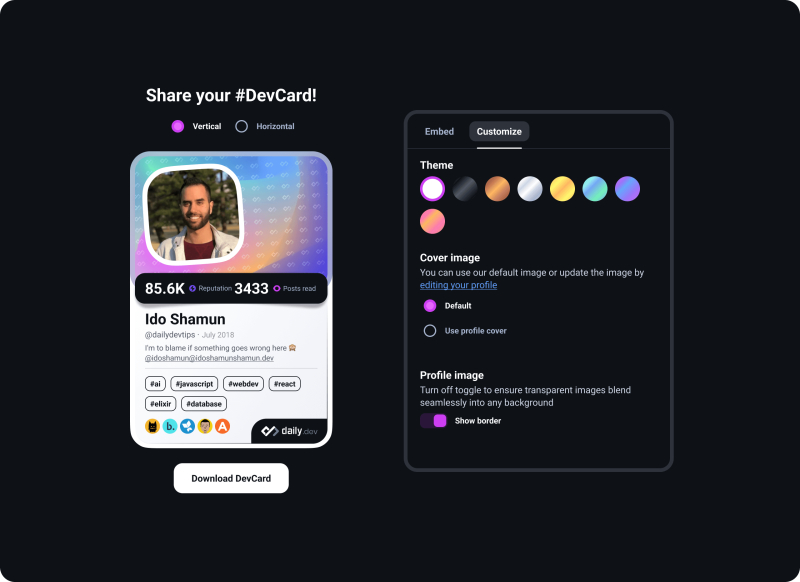 Highlight of the DevCard showcasing daily.dev user activity