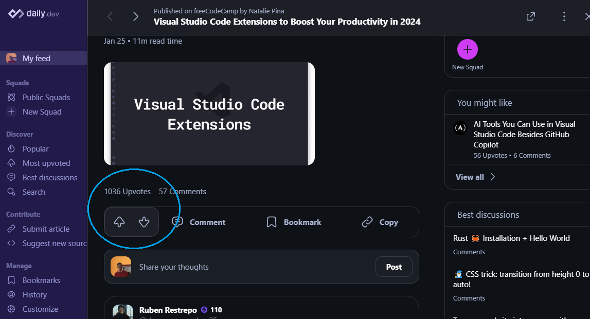 Example of upvote and downvote options on a post card in daily.dev