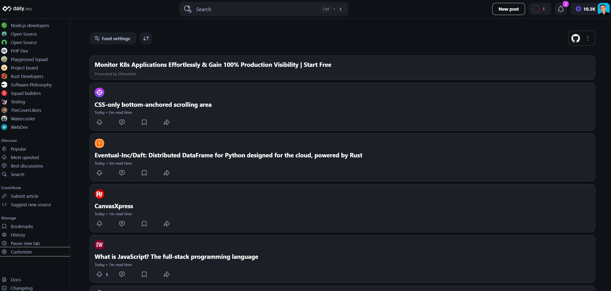 Dark theme view for daily.dev interface