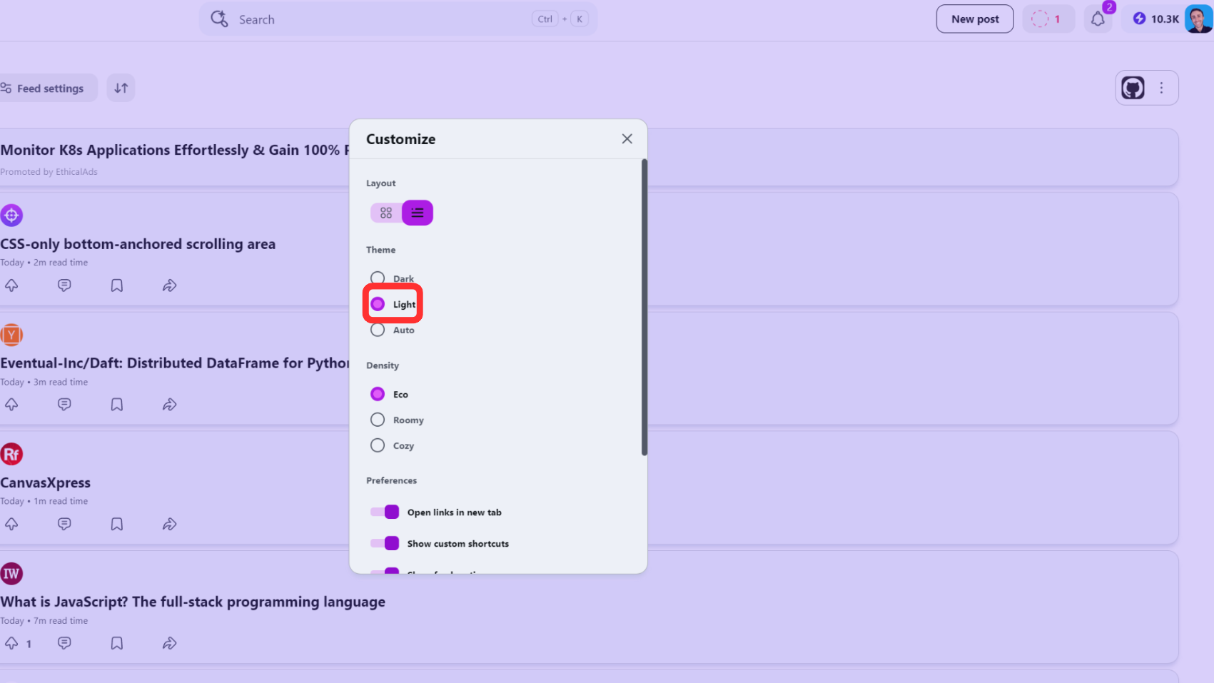 Light theme activation on daily.dev