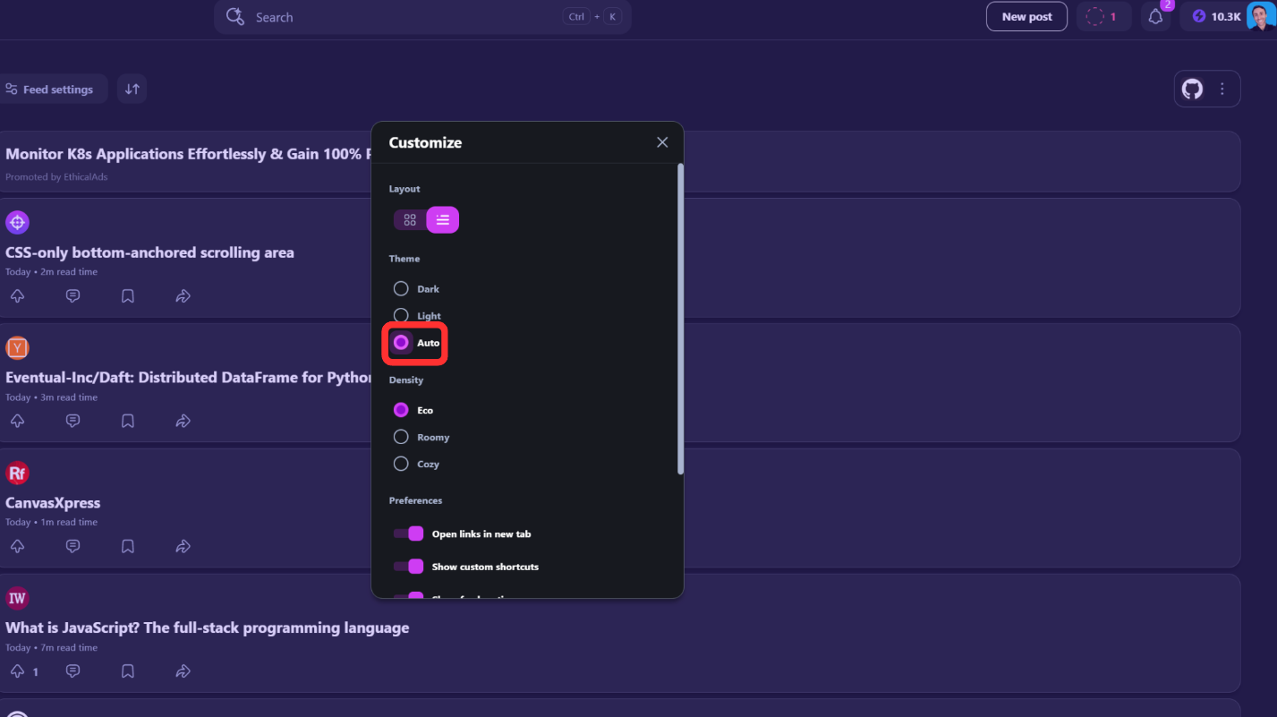 Auto theme view for daily.dev interface