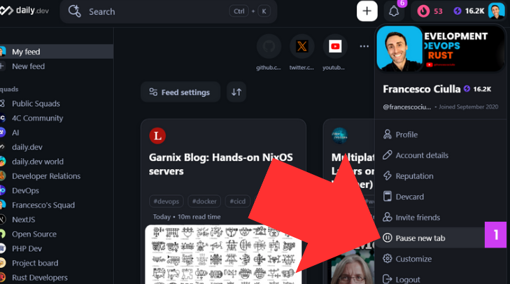 Highlighting the "Pause New Tab" feature button in the profile menu