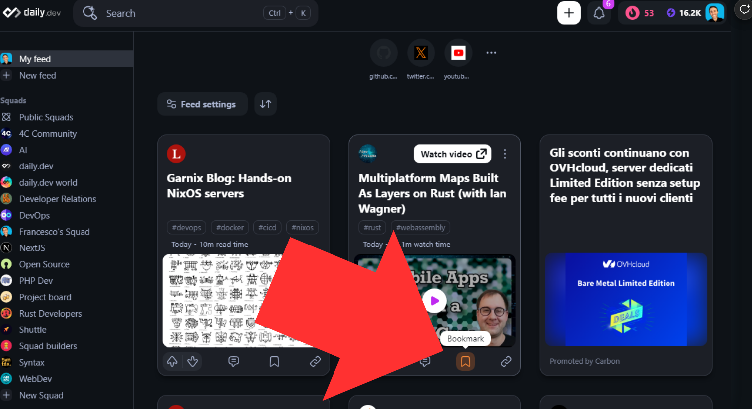 Highlight showing bookmarking feature in daily.dev