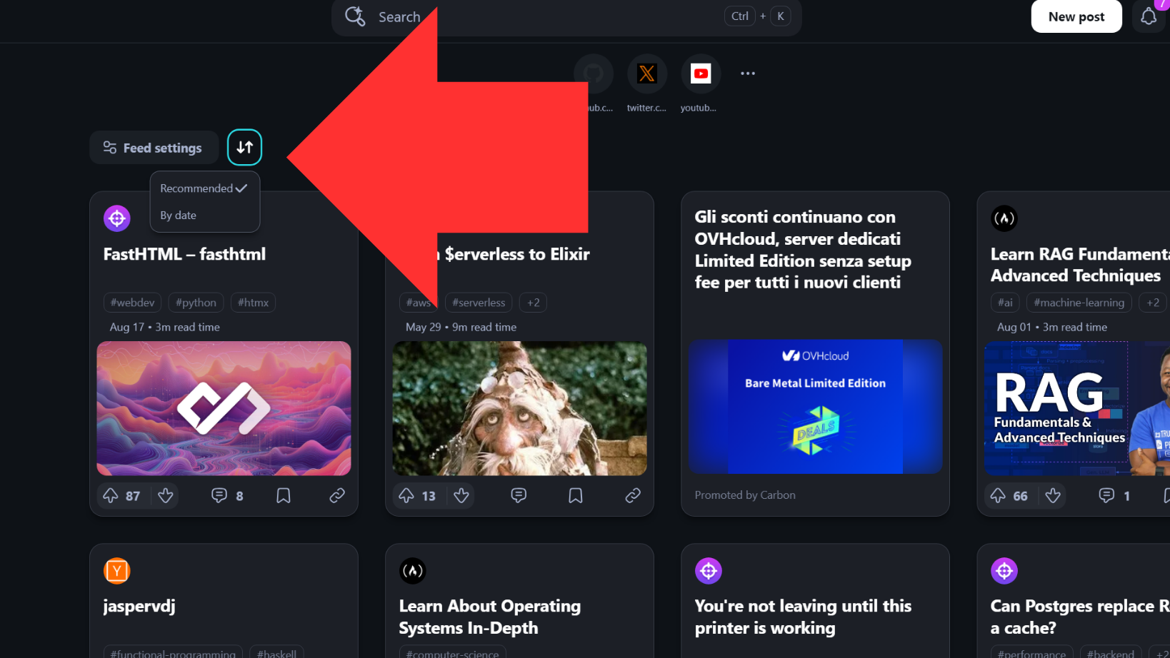 Feed sorting menu on daily.dev