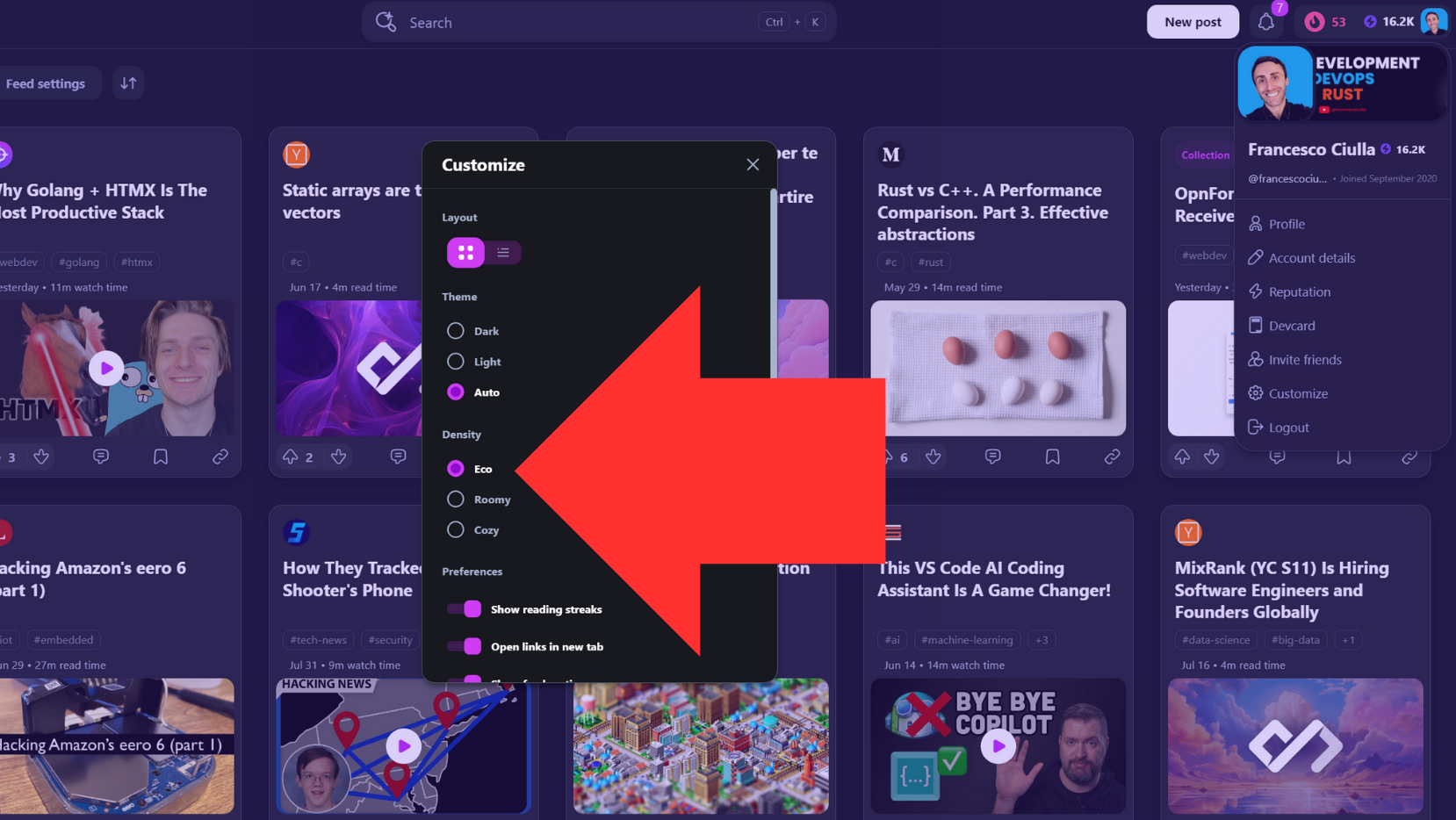 How to set Eco density from menu on daily.dev
