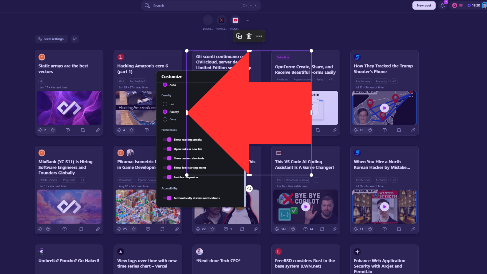 How to set Roomy density from menu on daily.dev