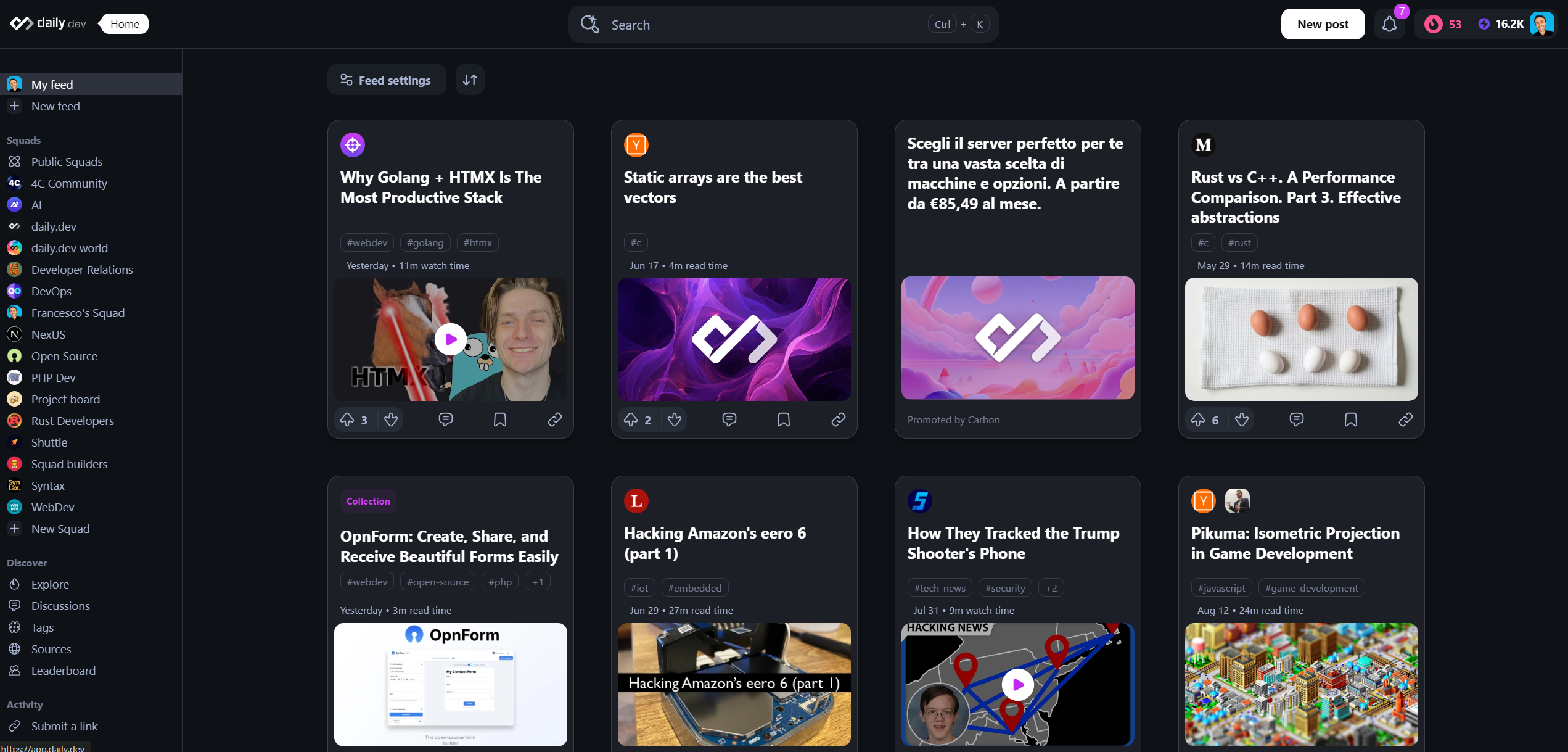 Roomy density setting preview on daily.dev