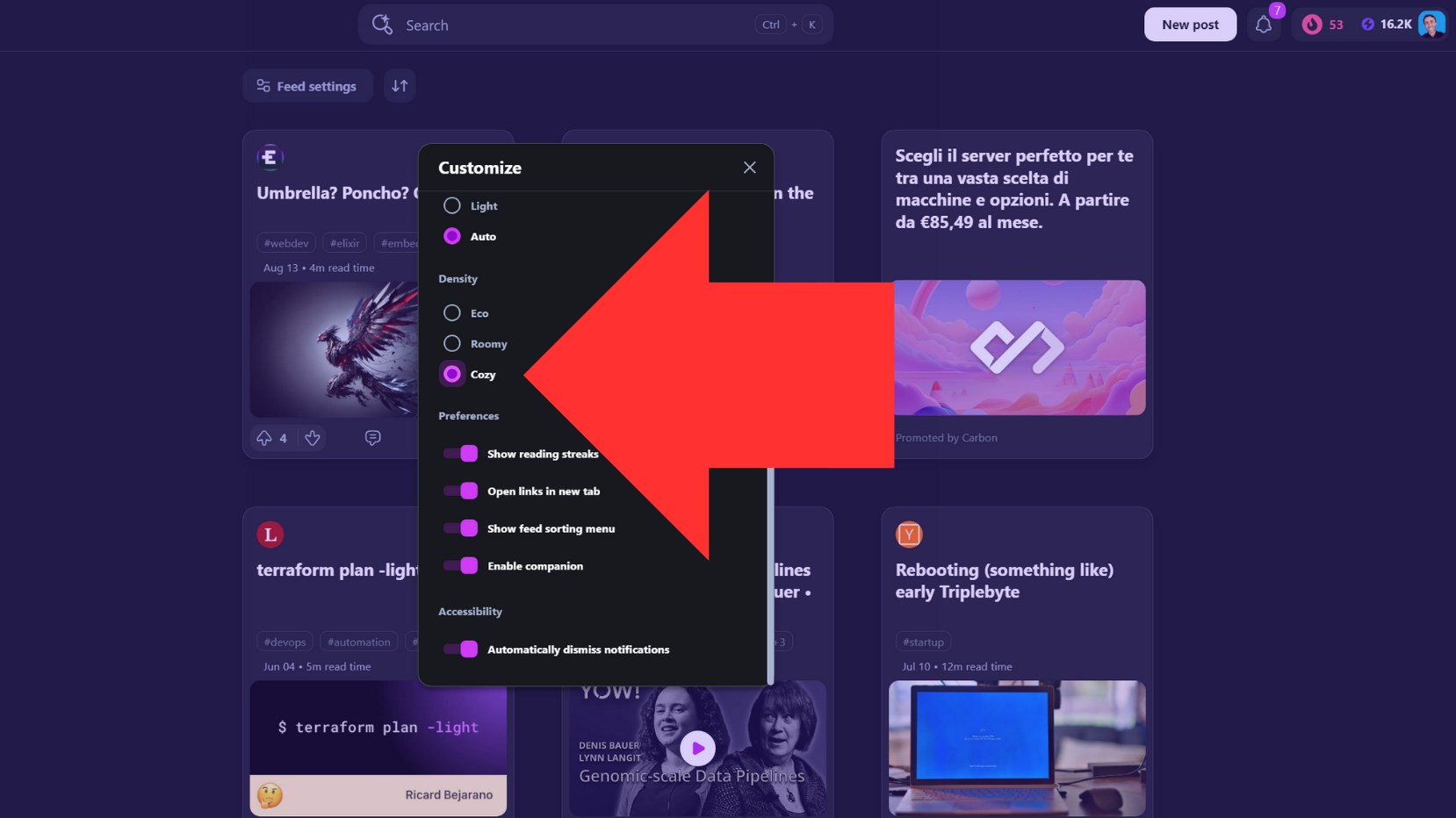How to set Cozy density from menu on daily.dev