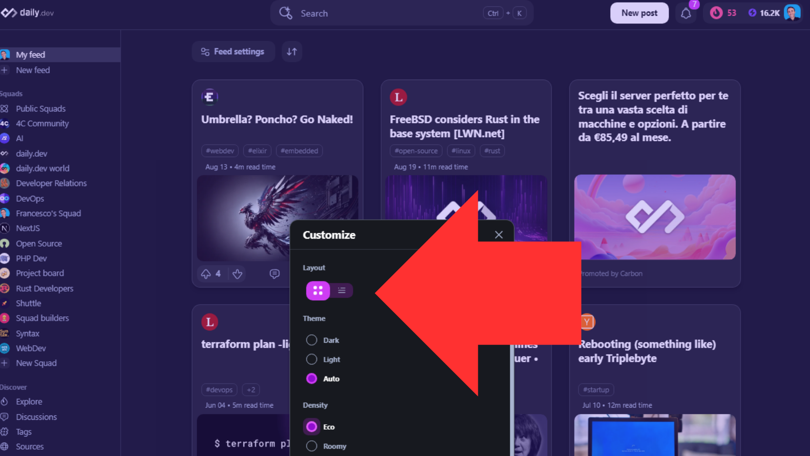 Switch from List to Grid mode on daily.dev