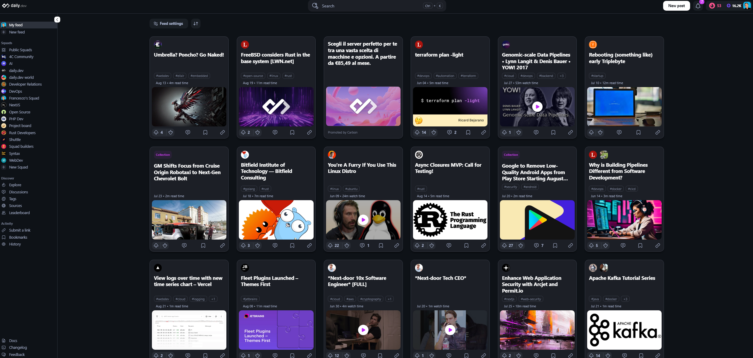 Grid mode view for daily.dev feed