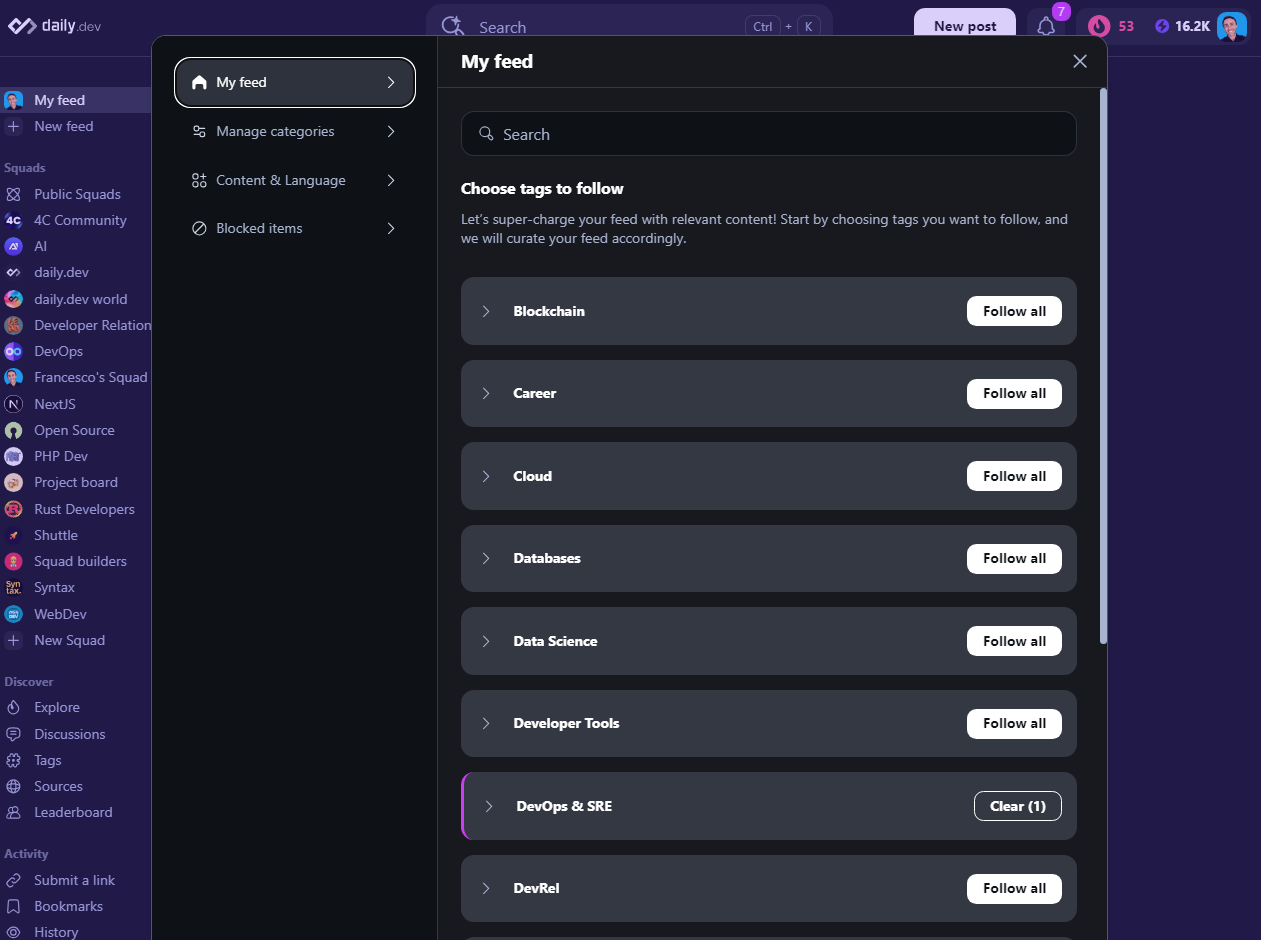 Feed settings menu showing options for tag configuration