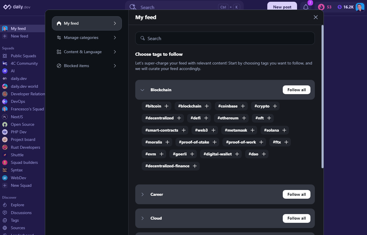 Expanded tags section for detailed tag selection